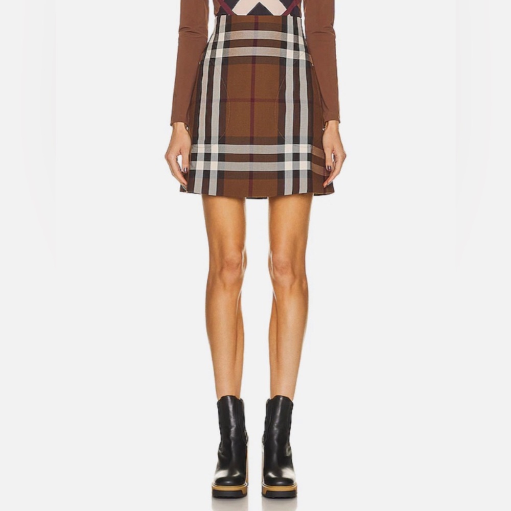 💯- Authentic NEW BURBERRY Women Brown TEODORA Check High Waisted Mini Skirt